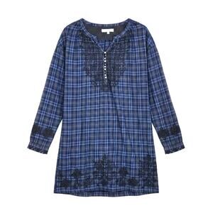 3J Workshop JOHNNY WAS Embroidered Plaid Rough Hem Boho Tunic Shirt Dress Small